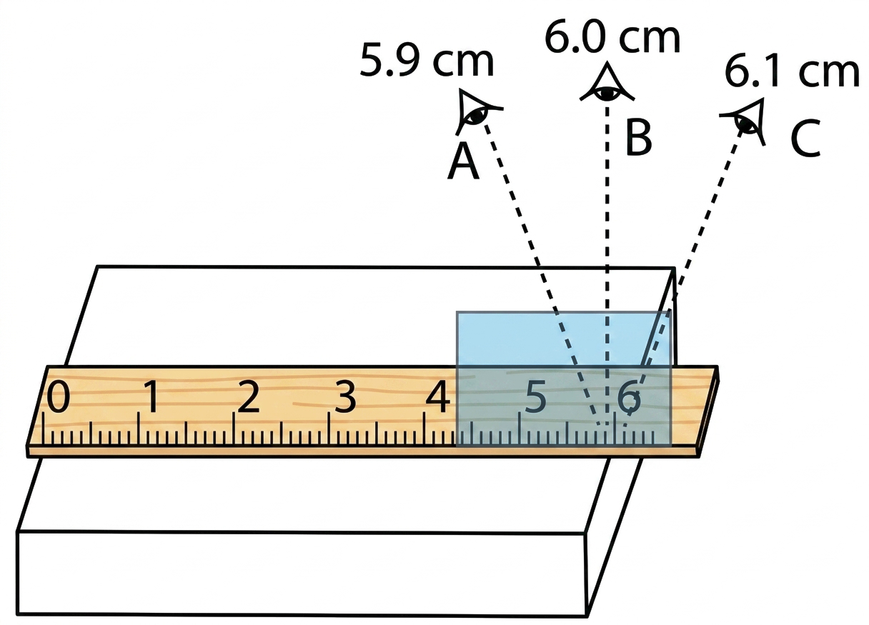 Diagram showing correct and incorrect readings due to parallax error