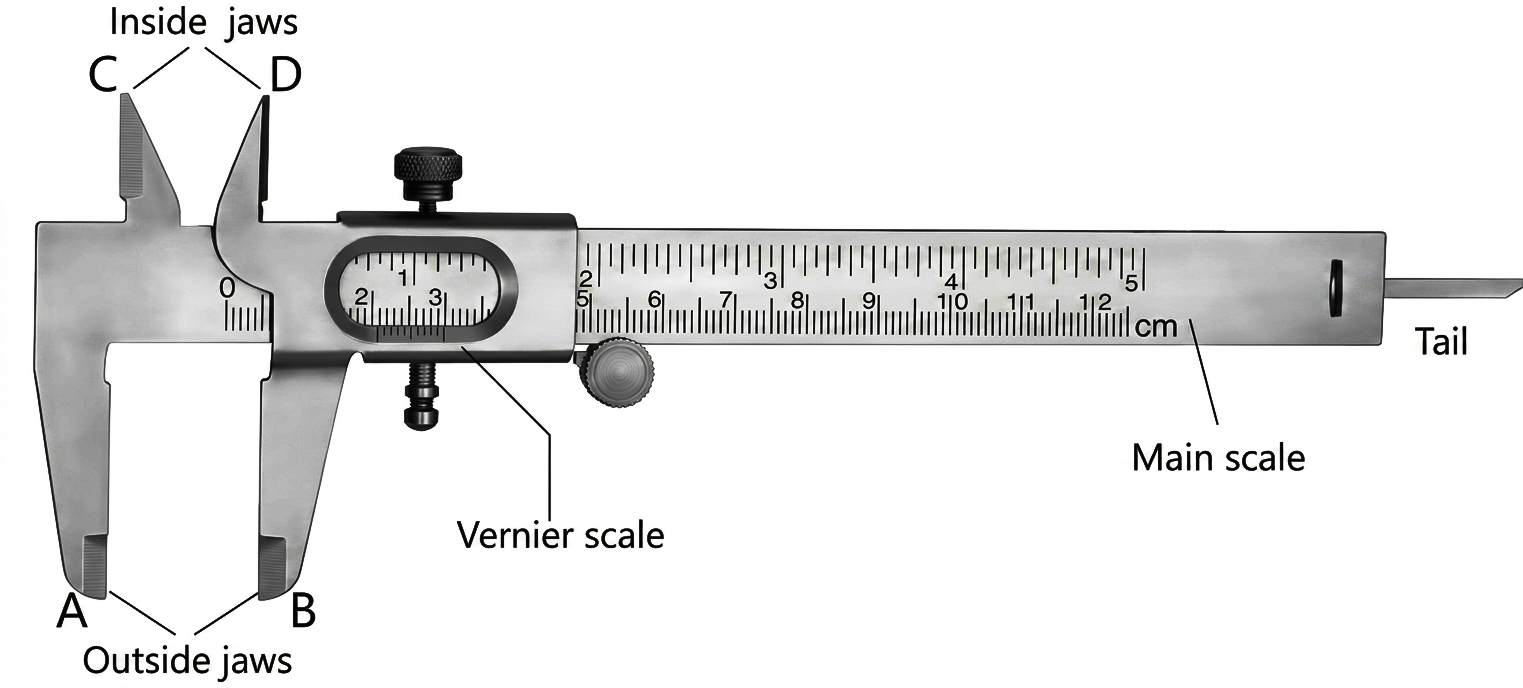 Vernier Callipers diagram showing main scale and vernier scale