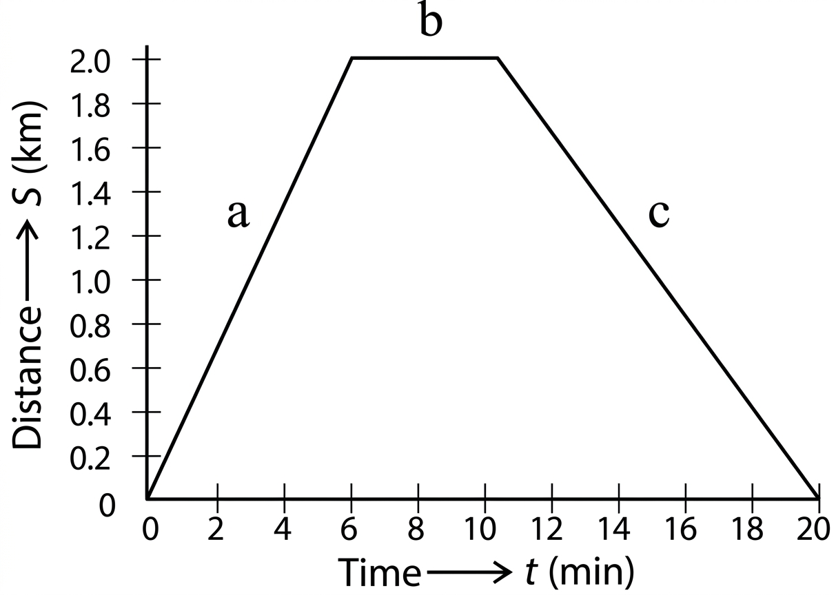 Distance-time graph for a cyclist with segments a, b, and c