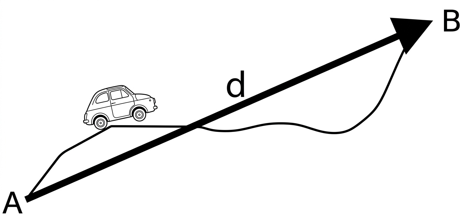 Distance vs Displacement: actual path vs straight line