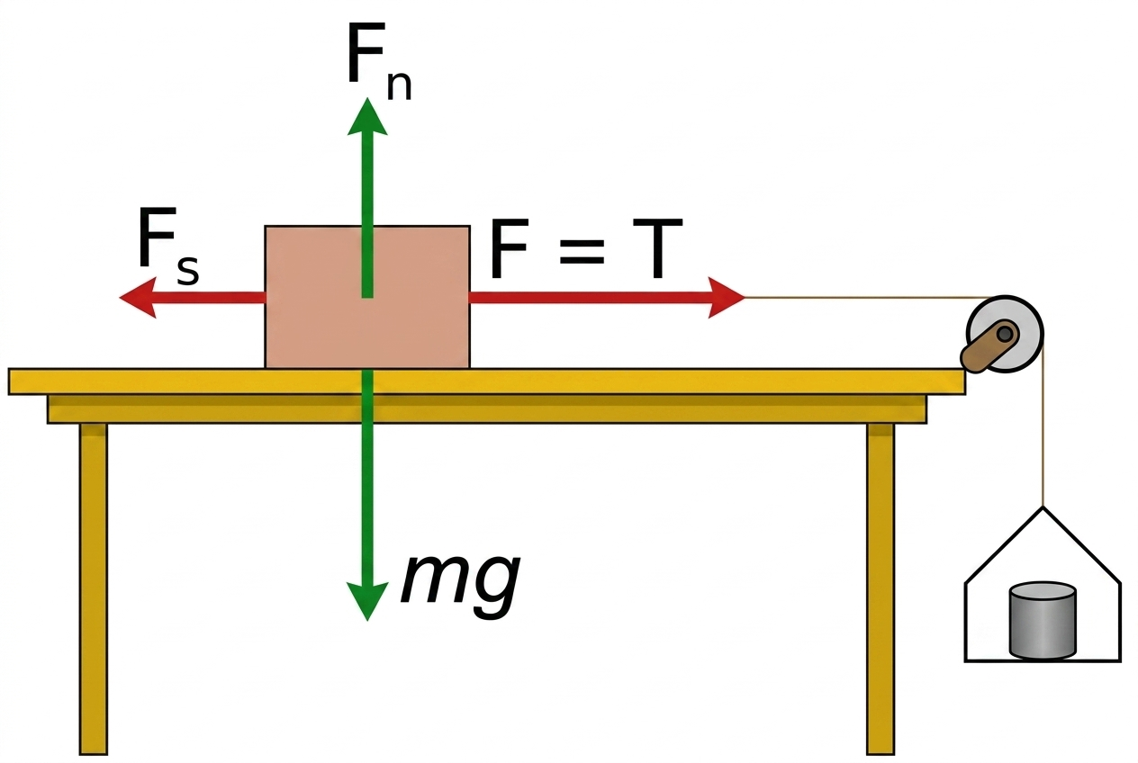 Diagram showing block on a table with a pan and weight, illustrating static and kinetic friction