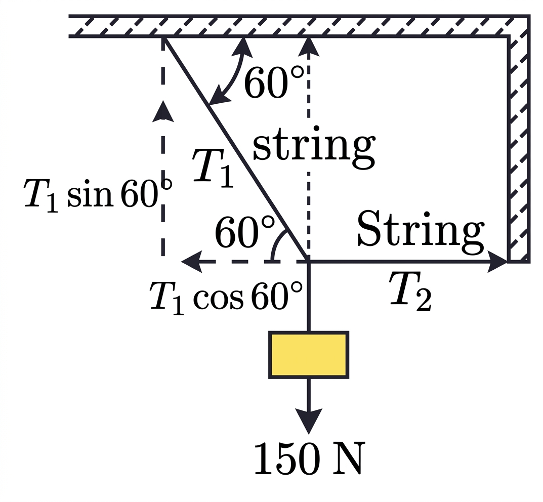 Diagram showing a block suspended by two strings at an angle