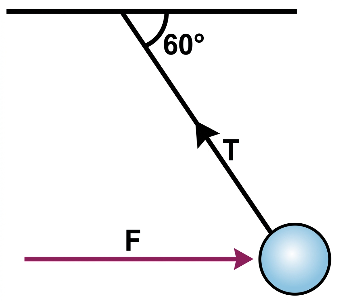 Diagram showing a ball hanging from a rope and pulled by a horizontal force