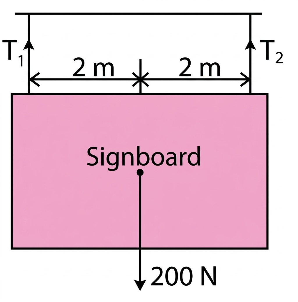 Diagram showing a signboard suspended by two wires