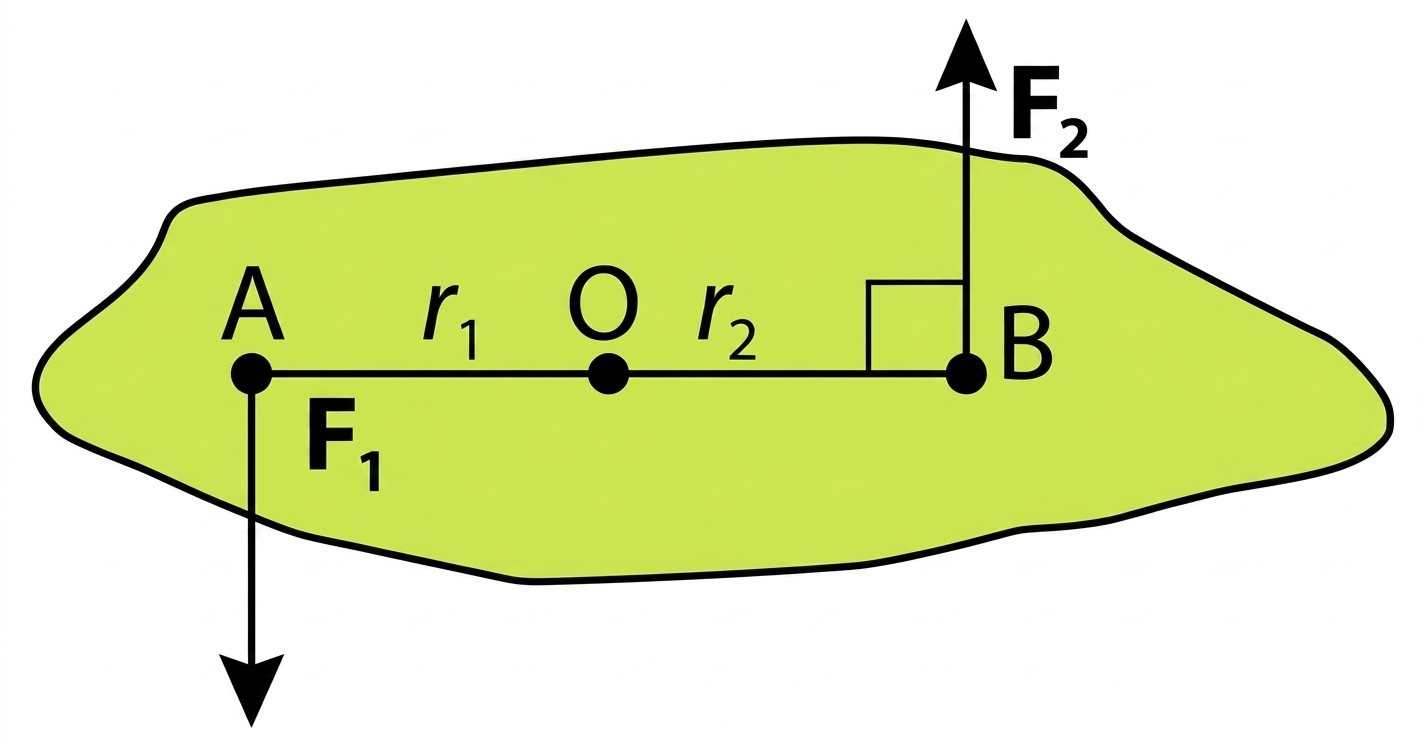 Diagram showing two equal and opposite forces acting at different points, resultant force zero but torque not zero
