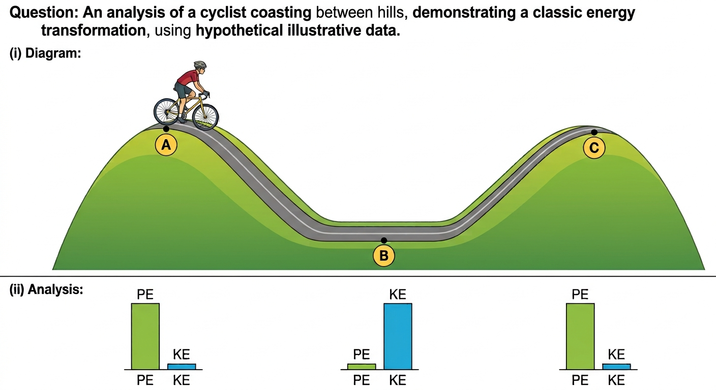 Diagram showing cyclist going downhill and uphill, illustrating potential and kinetic energy conversion