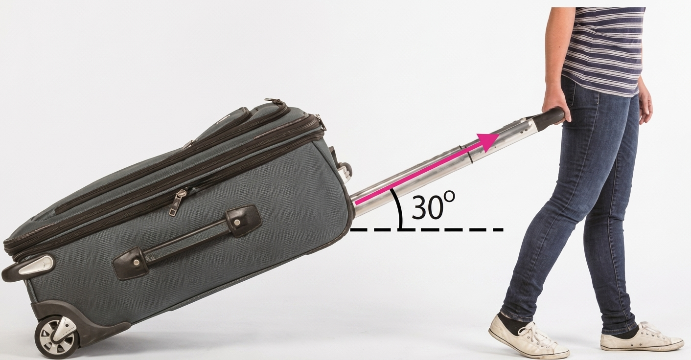 Diagram showing a suitcase being pulled with a force at an angle