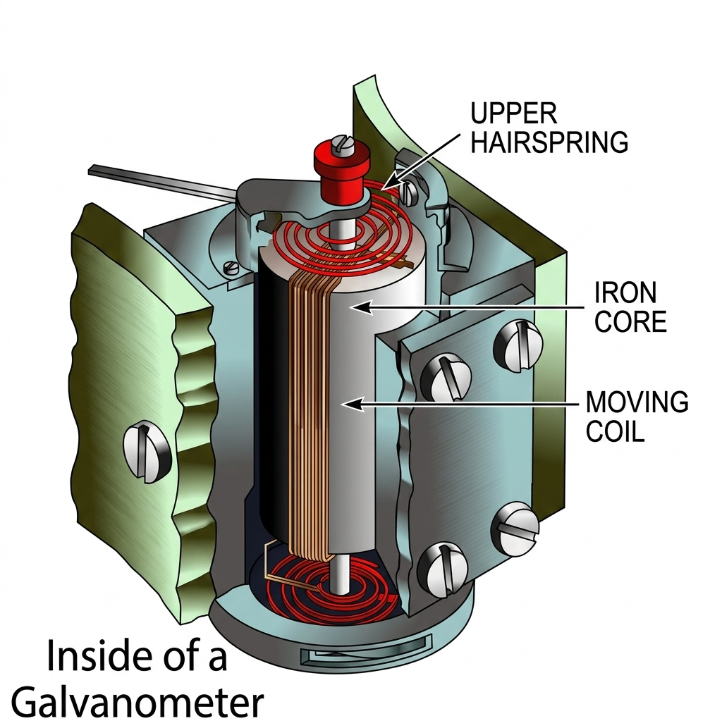 Diagram of a galvanometer showing hair spring