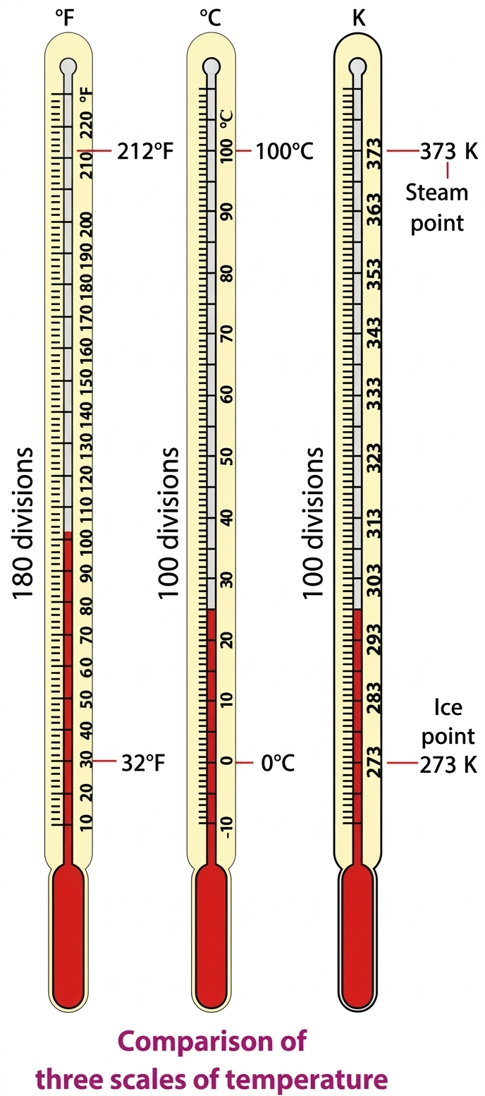 Comparison of Celsius, Fahrenheit, and Kelvin temperature scales showing fixed points