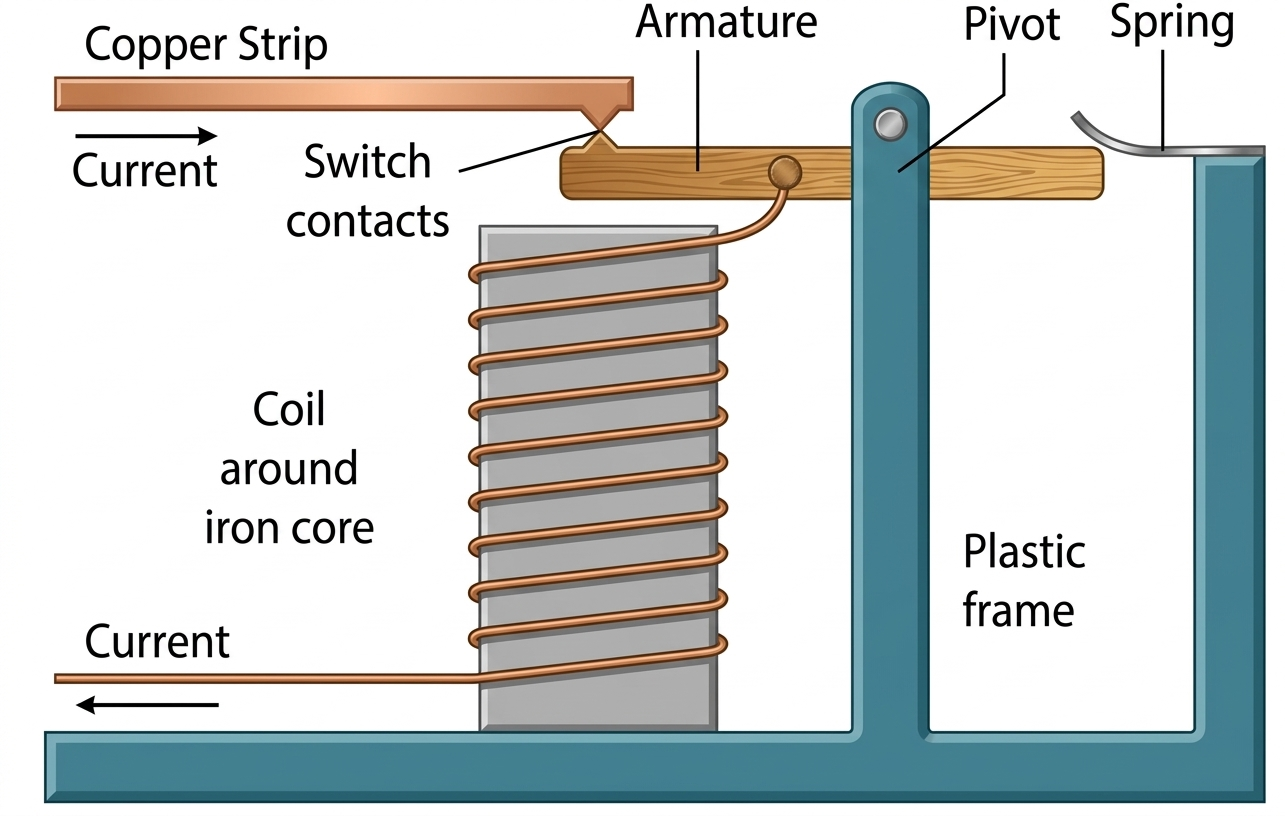 Diagram of a circuit breaker showing copper strip, armature, electromagnet coil, pivot, and spring