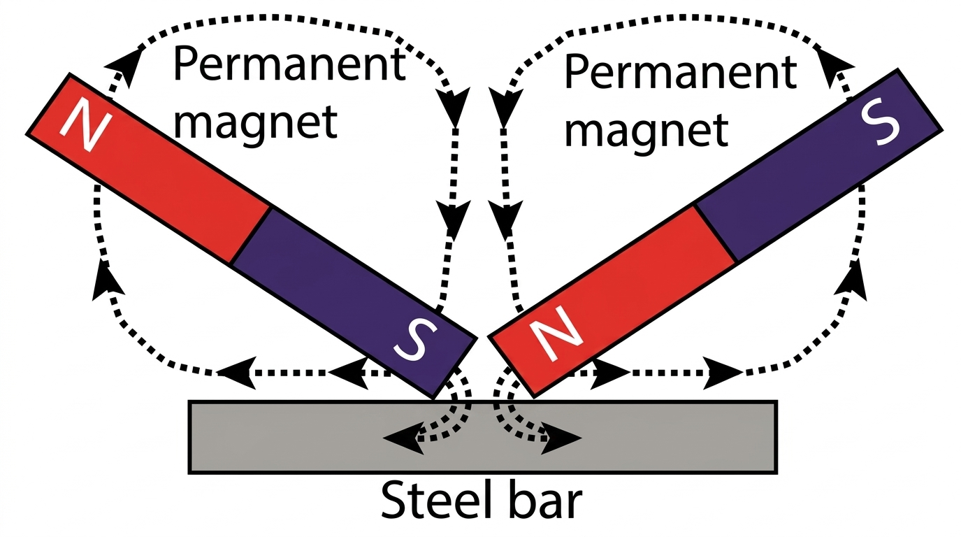 Double-touch method of magnetizing a steel bar using two permanent magnets