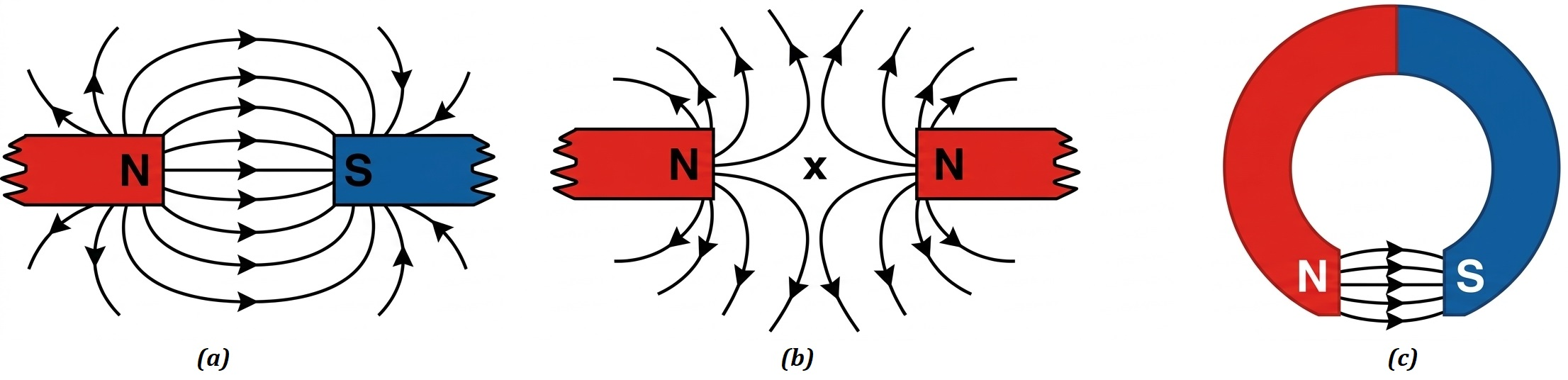 Magnetic field patterns: (a) combined field of two magnets, (b) neutral point, (c) horse-shoe magnet