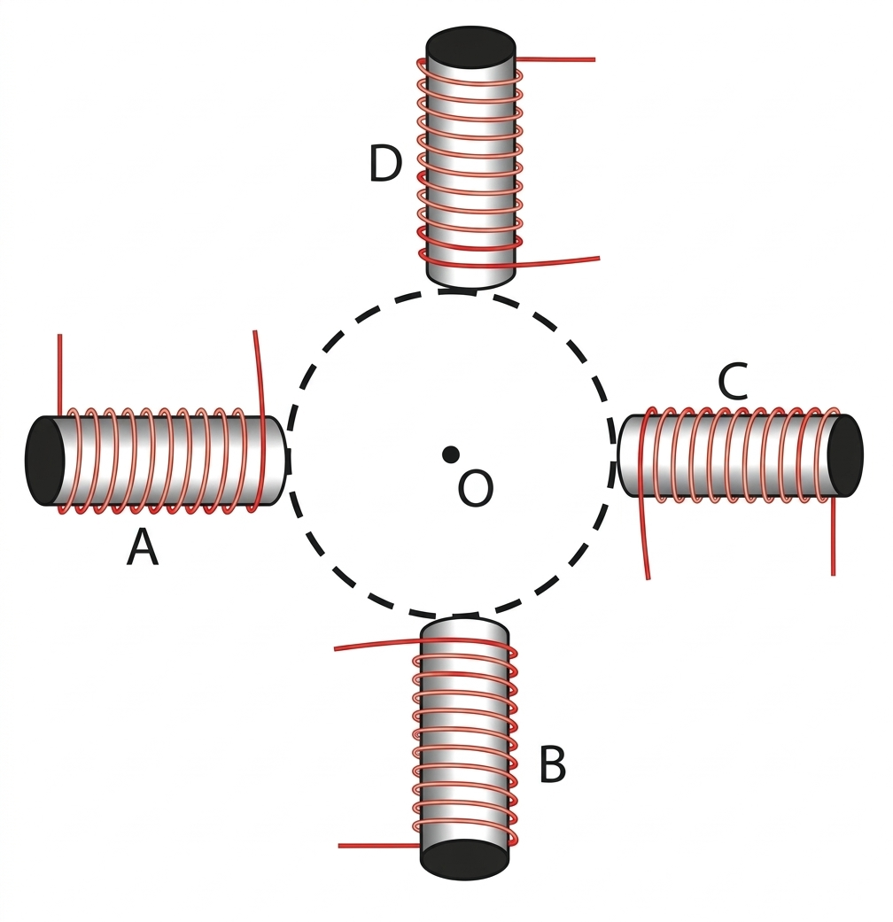 Four solenoids arranged in a circle around center O