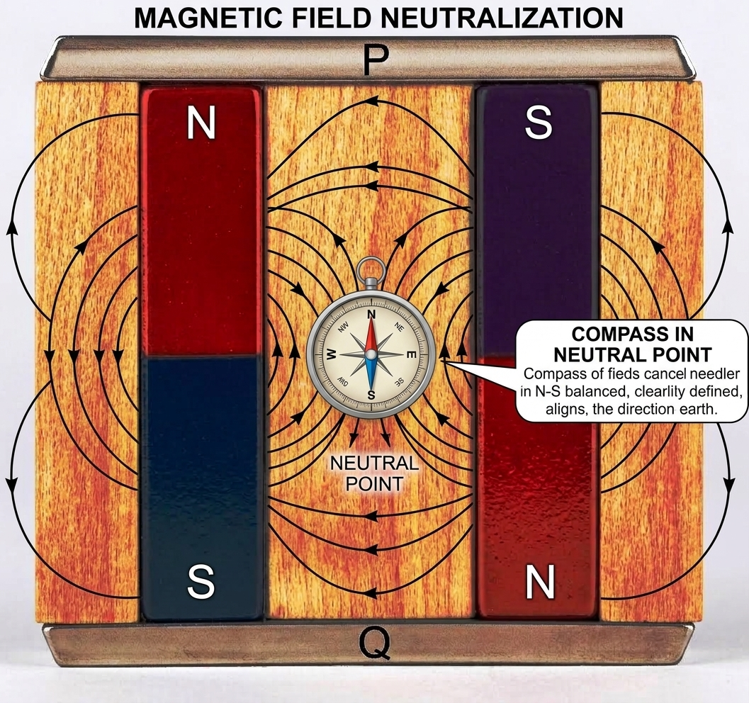 Two bar magnets with a compass at the neutral point between them