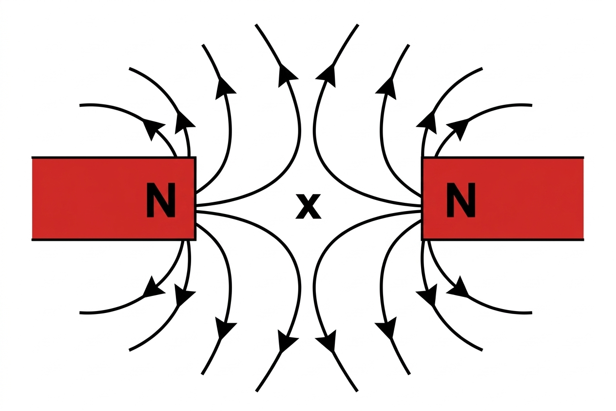 Two magnets with like poles facing each other showing a neutral point X