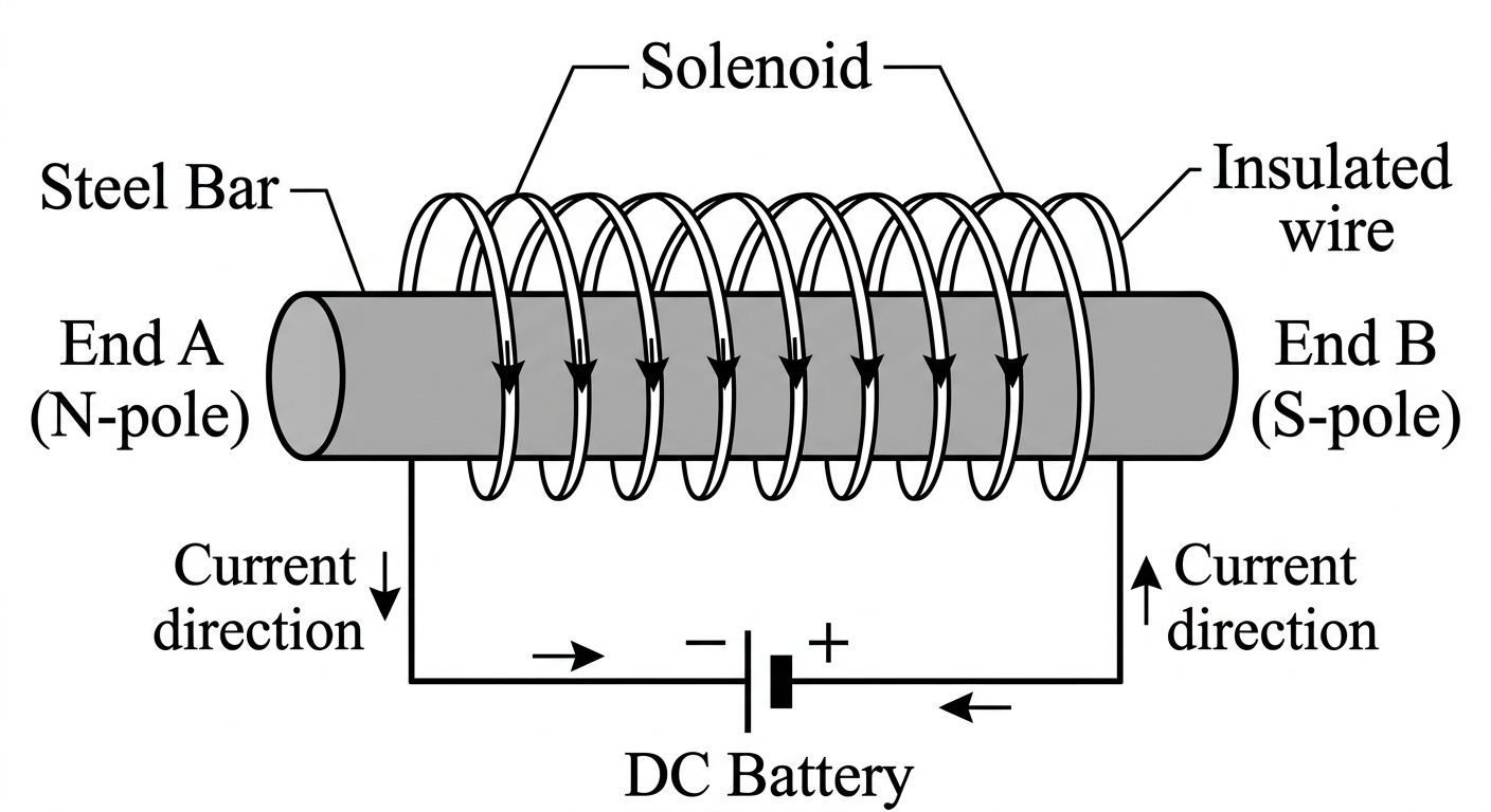 Circuit diagram showing a steel bar inside a solenoid connected to a DC battery