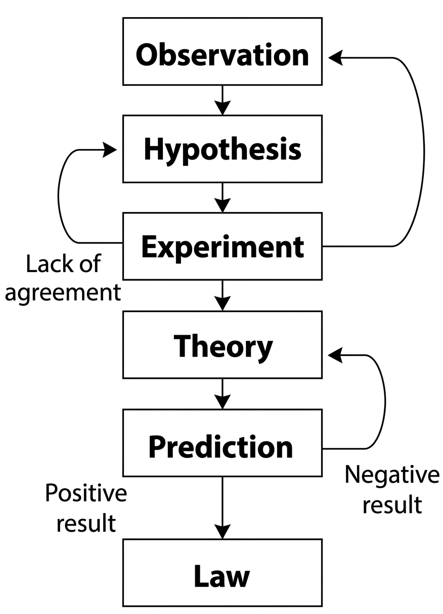 Scientific method flowchart showing Observation, Hypothesis, Experiment, Theory, Prediction, Law